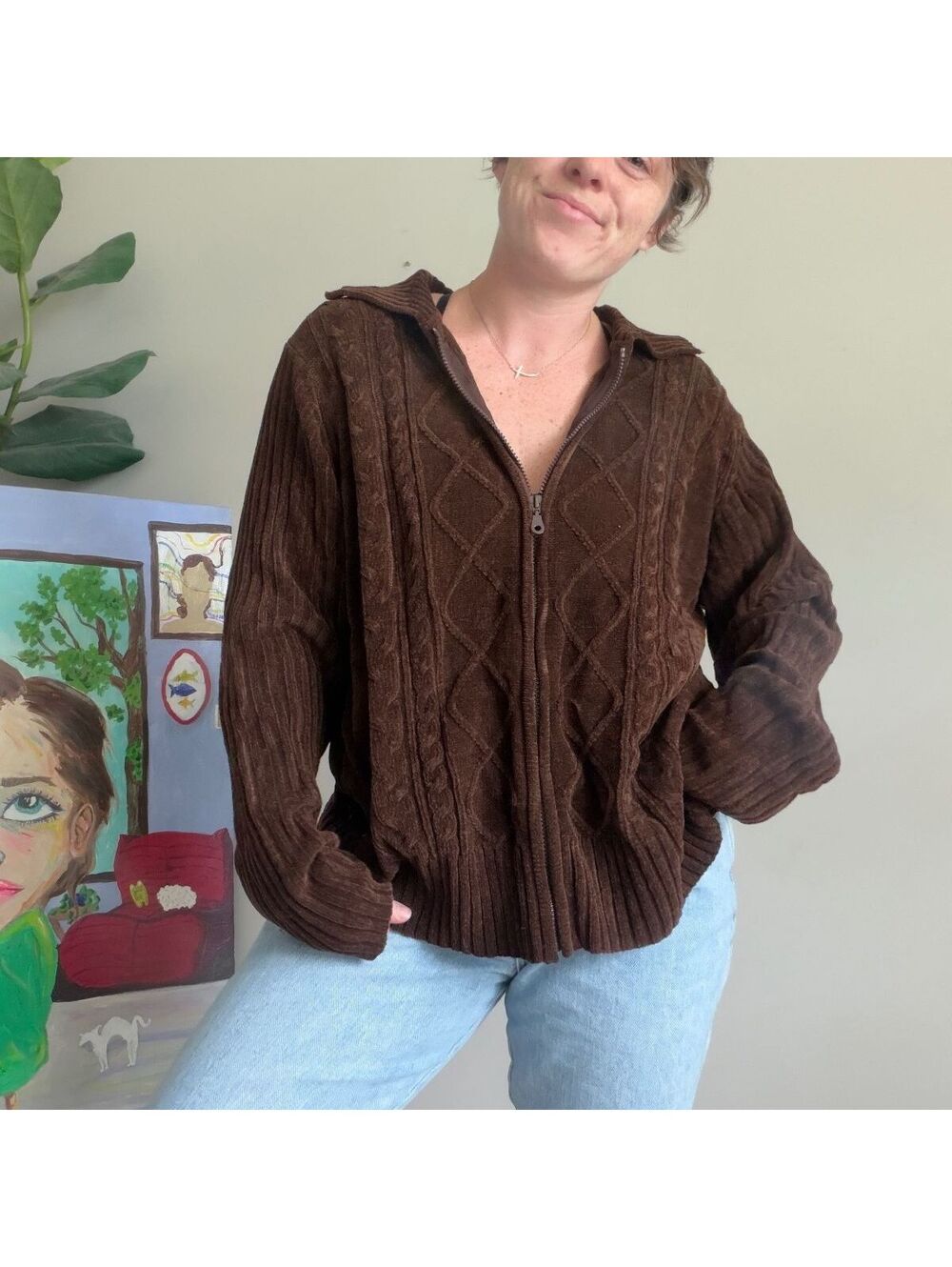 Vintage 90s brown sweater jacket velvet cable knit jacket